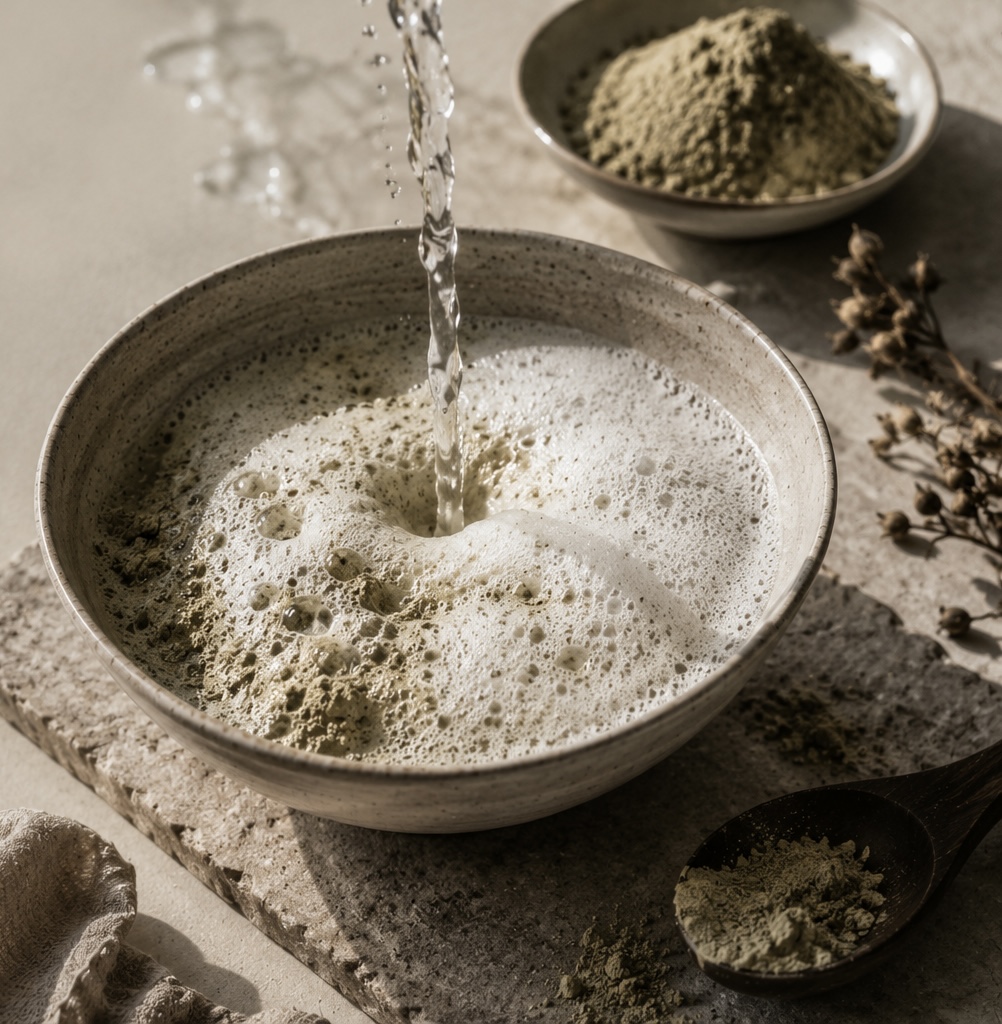 Powder activated by water in a stone vessel
